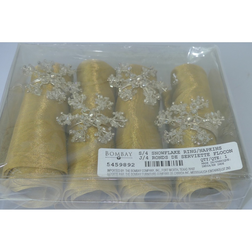 Bombay Snowflake Beaded Napkin Rings & Gold Napkins Set of 4 Christmas NOS